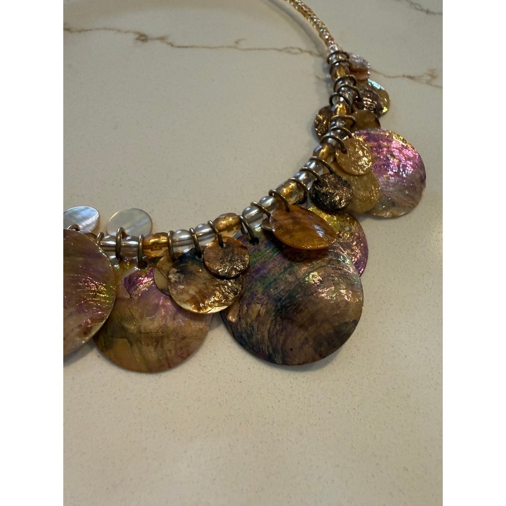 Carol Dauplaise Mother of Pearl Shell Disc Statement Necklace Gold Beaded NWT